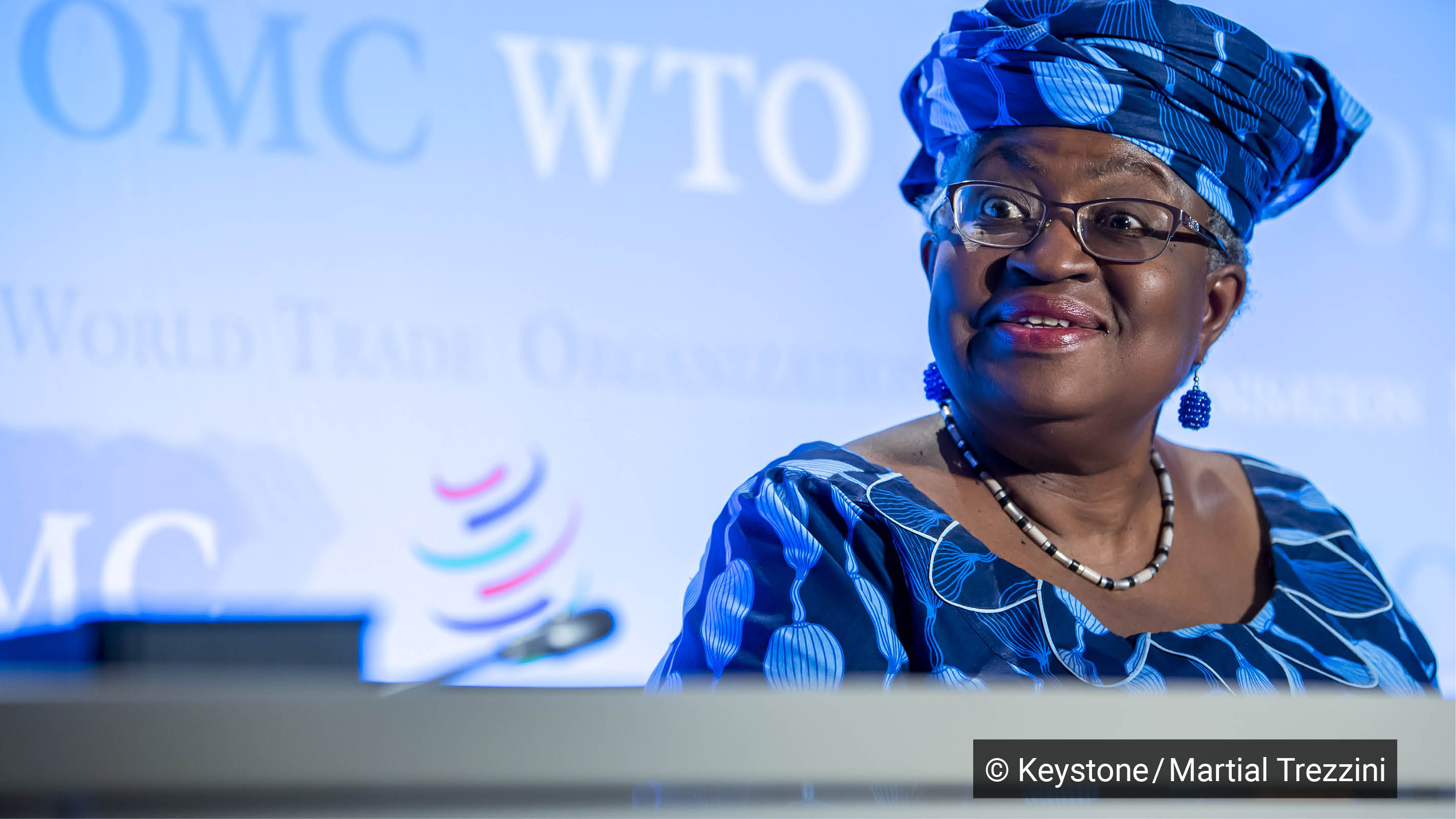 Close-up of WTO President Ngozi Okonjo-Iweala at a conference